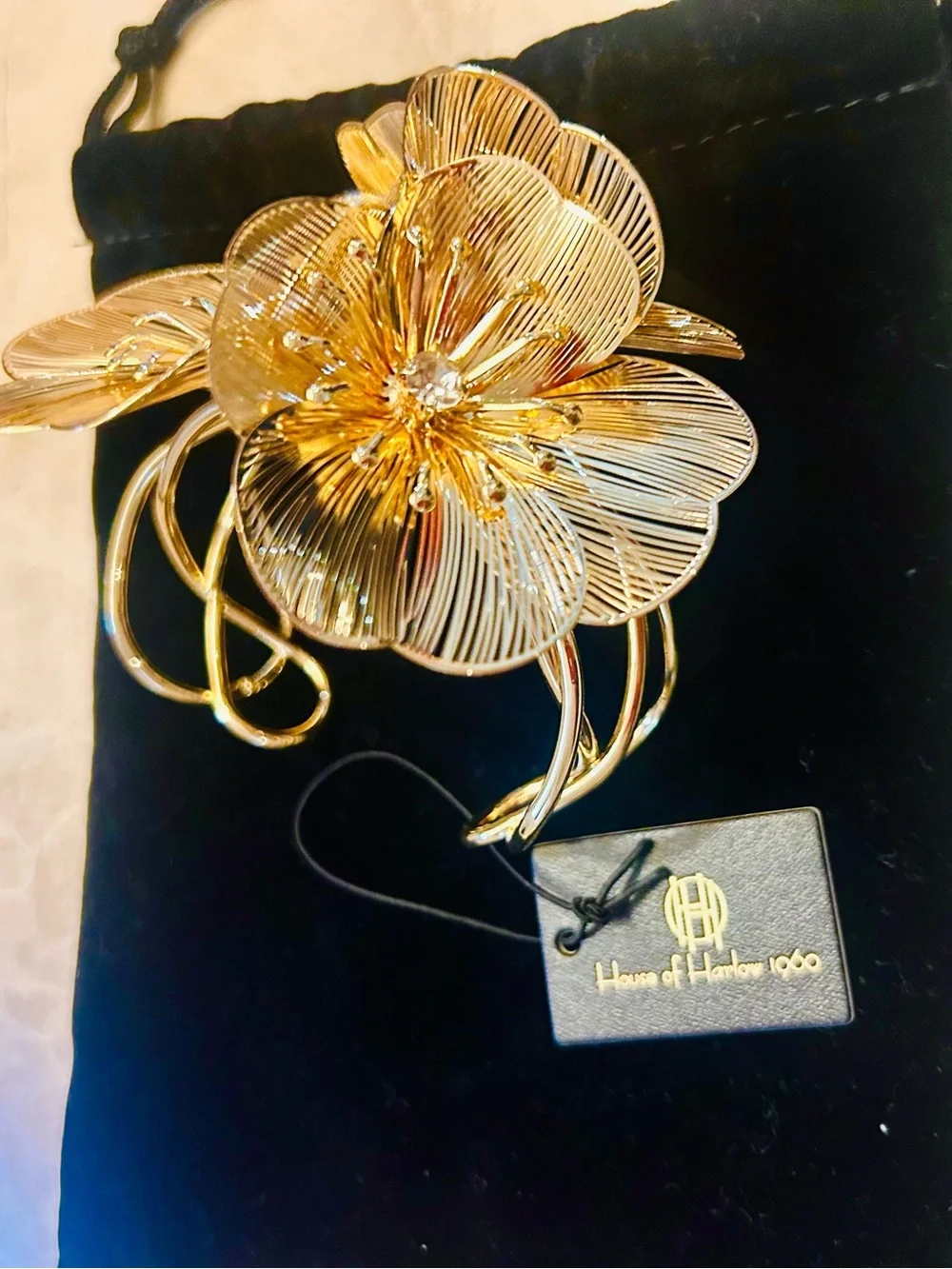 House of Harlow 1960 Gold Tone 3 Flower Cuff Bracelet with Crystals NWT
